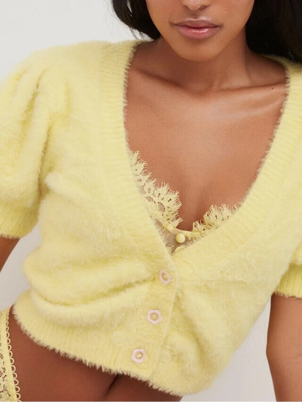 For Love & Lemons Devon Cropped Furry Cardigan Puffy Sleeve Sweater